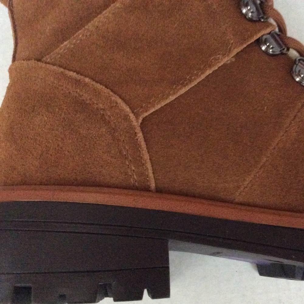 Suede boots Sherpa lined combat style cognac brown upper faux fur collar tongue - Picture 7 of 8